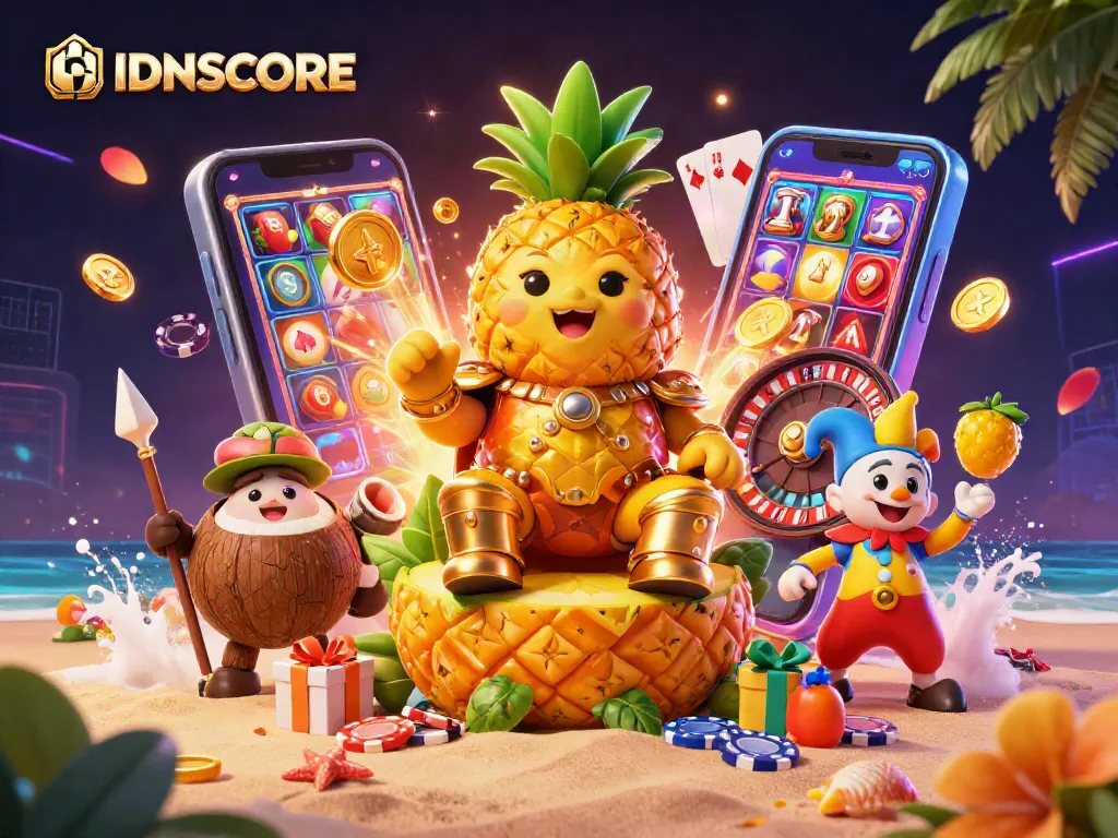 IDNSCORE Casino illustration featuring a golden pineapple king and gaming elements at a tropical beach.
