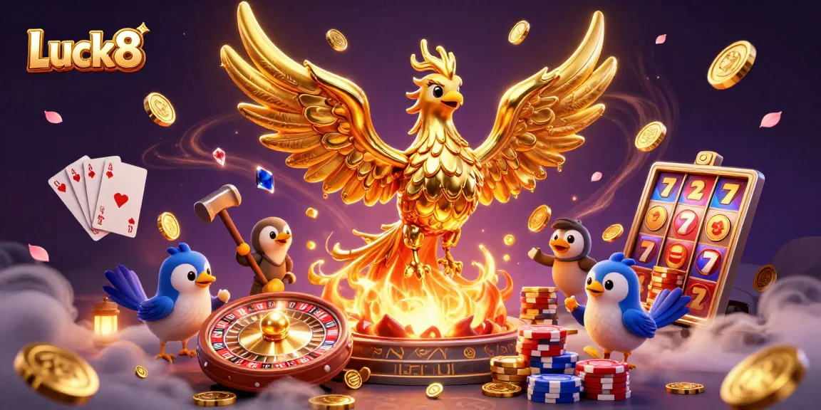 Experience Luck8's vibrant gaming universe with golden phoenix and casino elements.