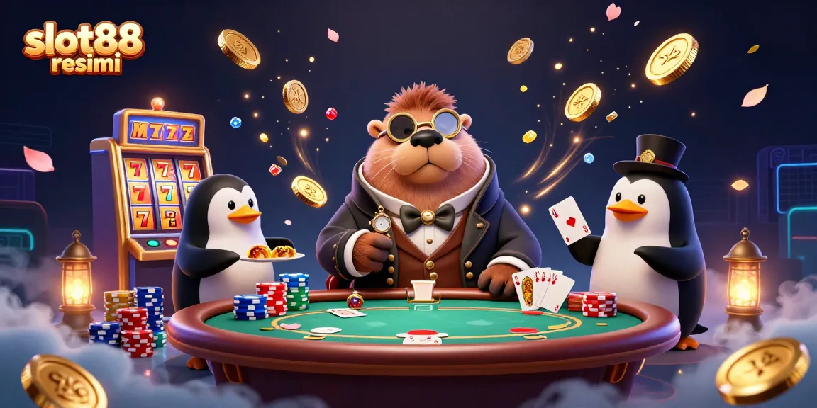 Menggambarkan slot88 resmi, permainan taruhan menyenangkan di bawah laut dengan walrus, penguin, dan ikan putar.