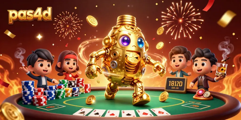 Menang dengan pas4d saat bermain di meja poker yang dikelilingi harta karun dan elemen kasino.