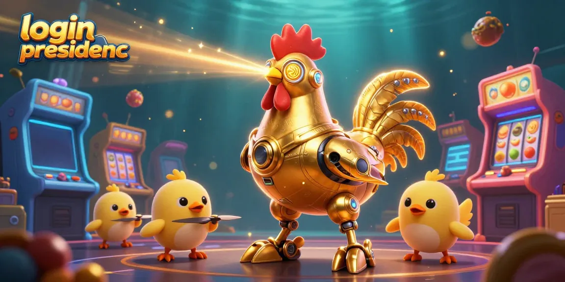Join the excitement at login presidencc with a vibrant casino scene featuring a golden rooster robot and arcade machines.