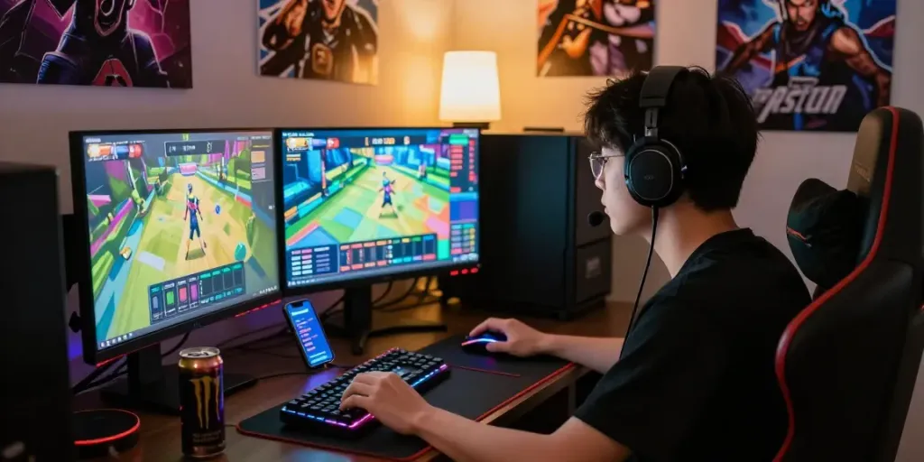 Gamer bermain afk toto di ruang permainan modern dengan layar ganda dan aksesoris gaming.
