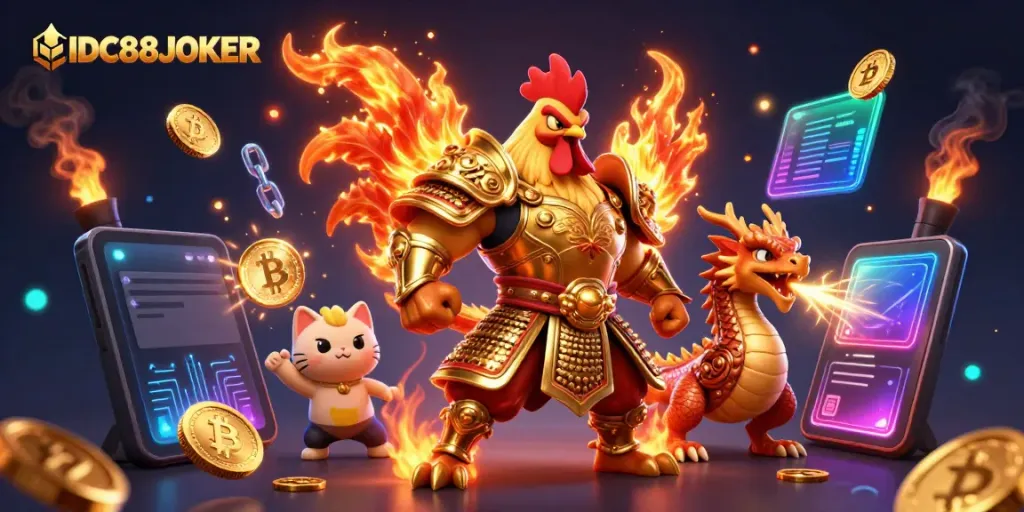 Engage with IDC88JOKER's 3D dynamic casino adventure featuring a fighting rooster warrior and a dragon hatchling.
