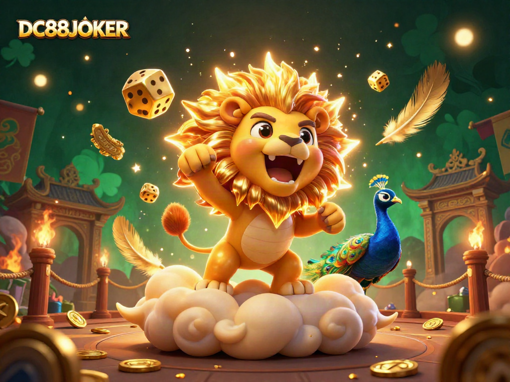 Experience thrilling wins at DC88JOKER with a vibrant 3D casino-themed illustration of a roaring sun lion, golden dice, and peacock amidst exciting game elements.