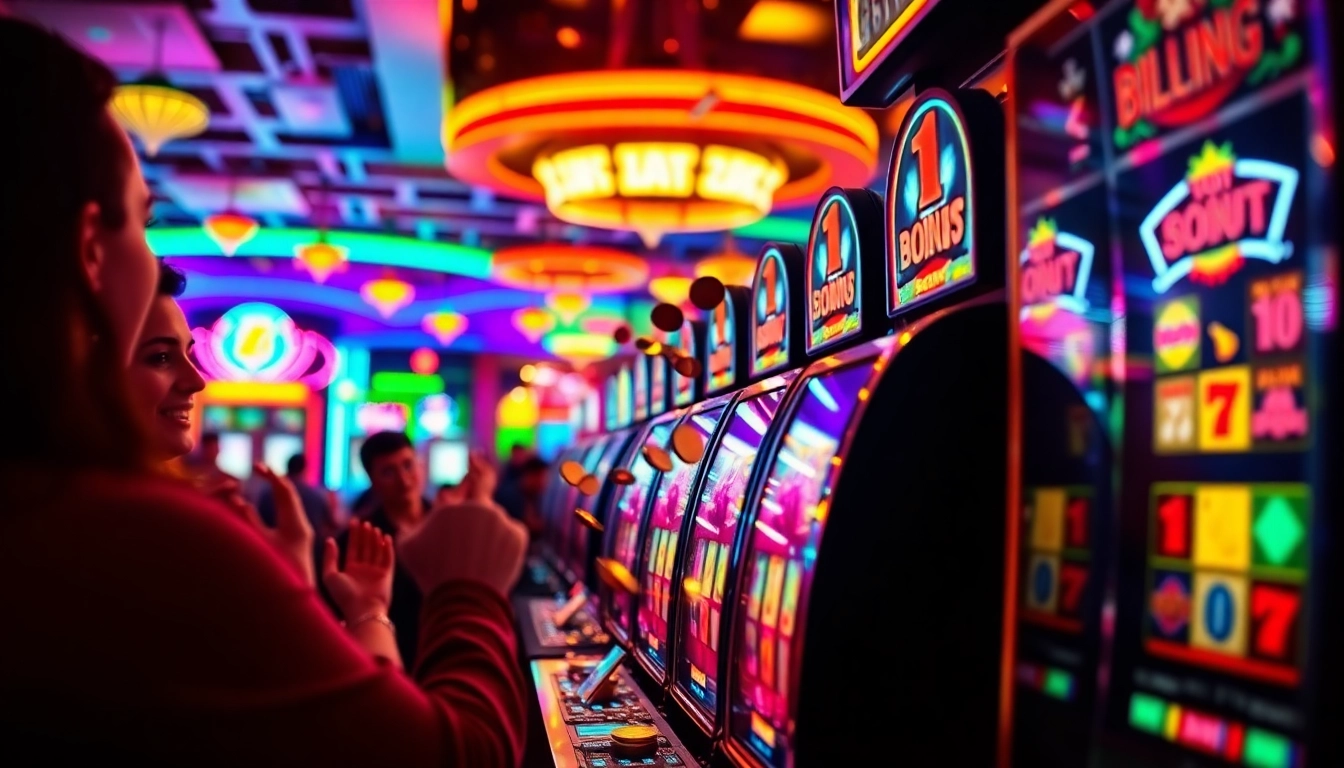 Putaran slot yang menarik di kasino dengan pemain bersorak.