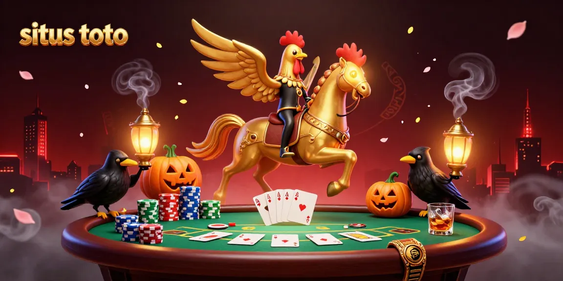 Situs toto golden rooster gaming scene with poker elements in a vibrant casino backdrop.