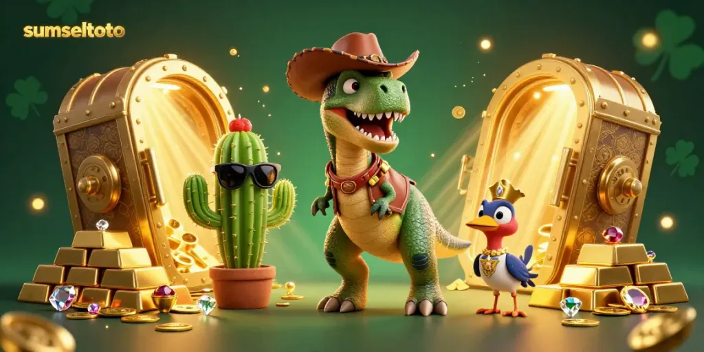 Experience thrilling gameplay at sumseltoto with a colorful 3D cartoon illustration of casino adventures.