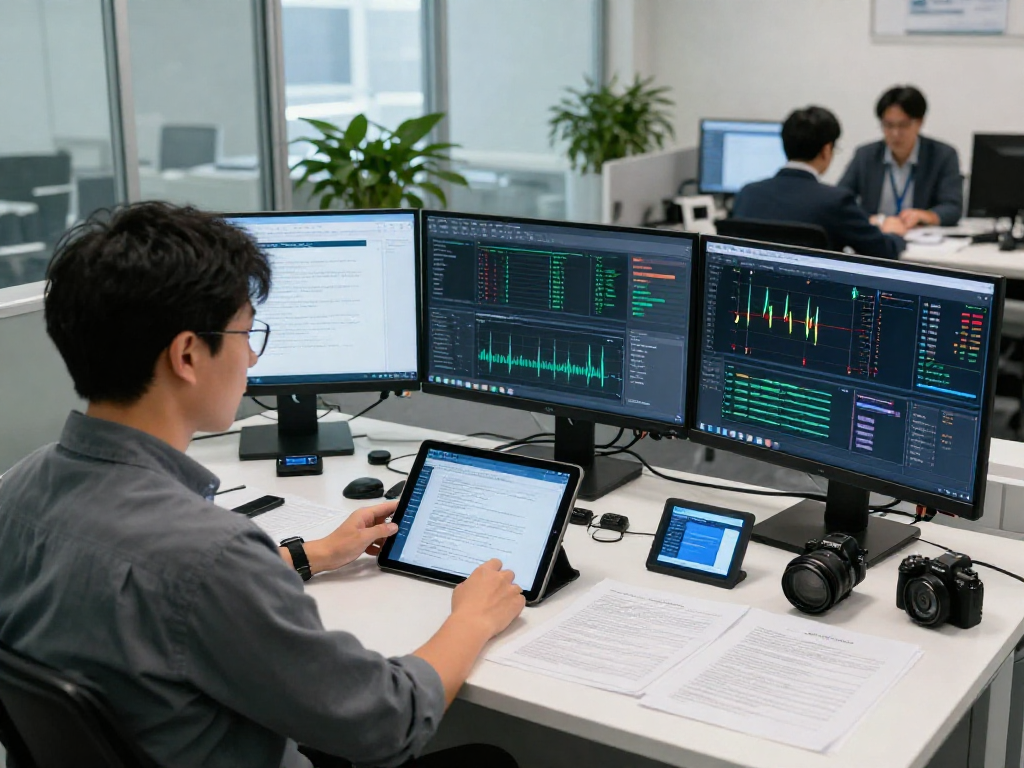Analyst performing document fraud detection analysis in a modern lab.