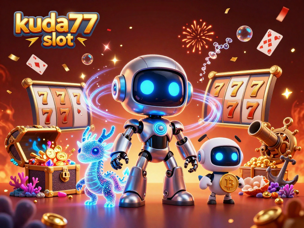 Memenangkan kuda77 slot dengan robot cyberpunk dan naga holografis dalam antrean jackpot dan koin emas.