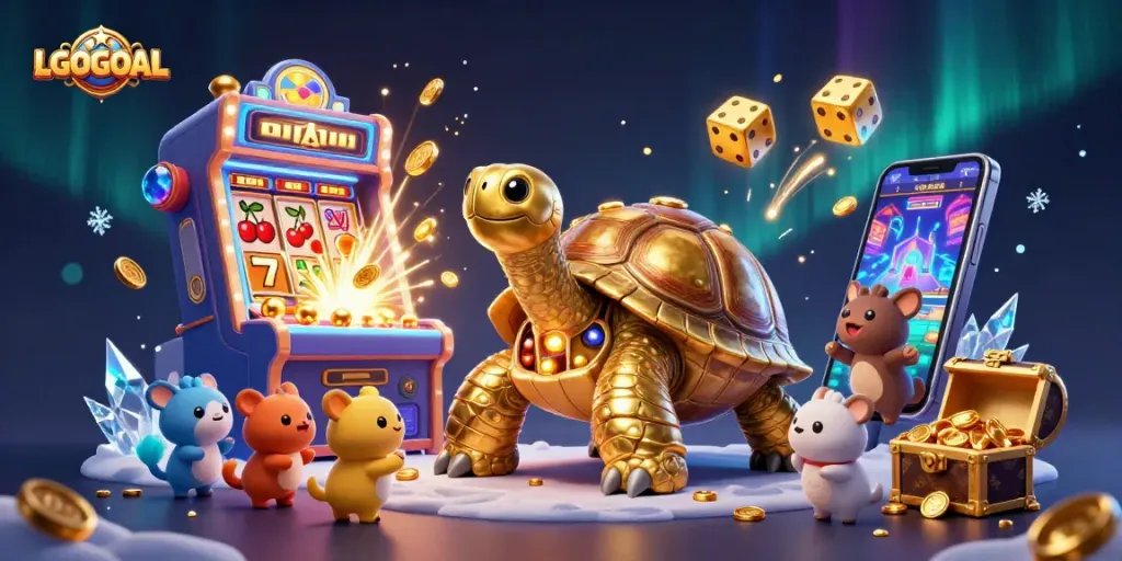 Experience thrilling gameplay at LGOGOAL with a vibrant casino scene featuring joyous characters and dynamic slot machines.