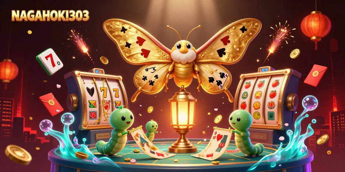 NAGAHOKI303 showcases a vibrant 3D casino scene with an atlas moth and slot reels bursting with action.