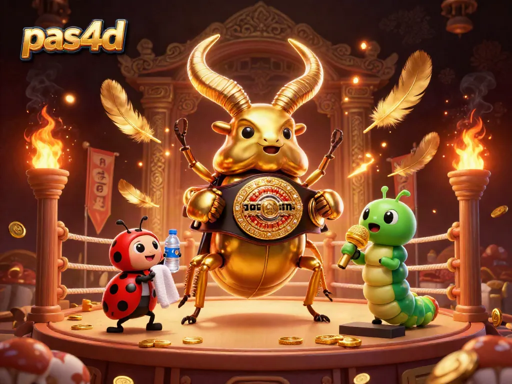 Pas4d menunjukkan pertempuran antara seekor kumbang tanduk emas dan ladybug di pertandingan judi slot yang dinamis.