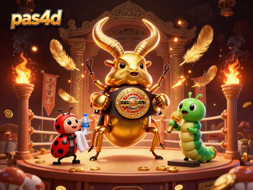 Pas4d menunjukkan pertempuran antara seekor kumbang tanduk emas dan ladybug di pertandingan judi slot yang dinamis.