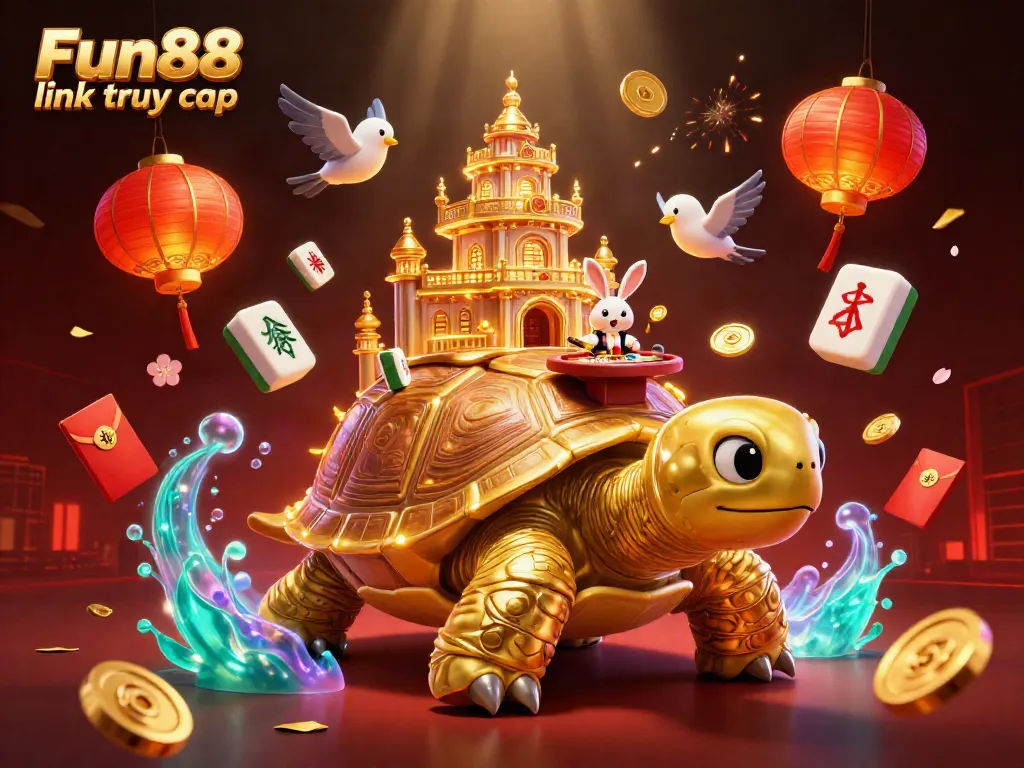 Engage with Fun88 link truy cập in a vibrant 3D casino scene featuring a tortoise and rabbit dealer.