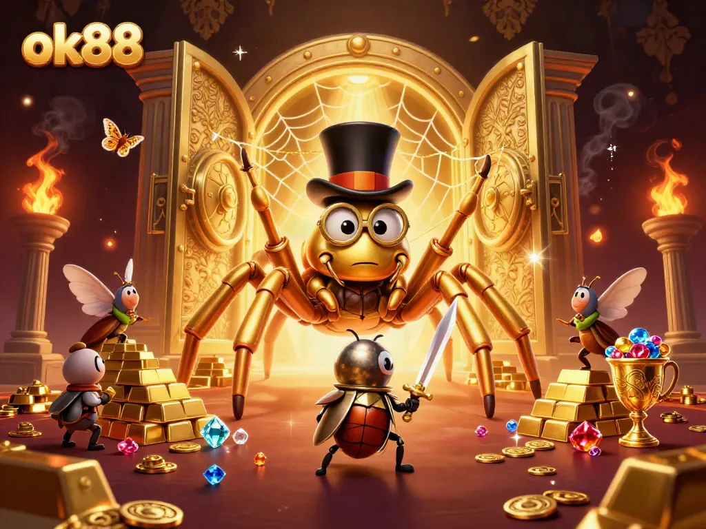Engage with thrilling slot adventures at ok88, illustrated with a golden tarantula and beetle knight.