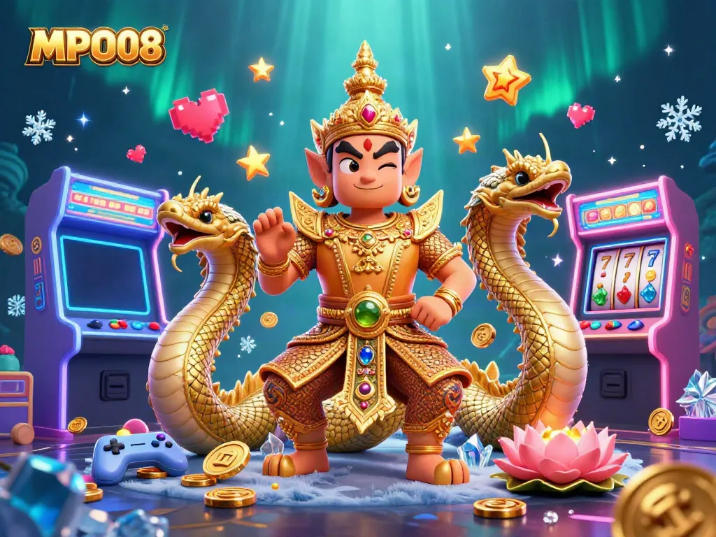 Experience MPO08's vibrant casino gaming with a dynamic 3D scene featuring guardians and game symbols.