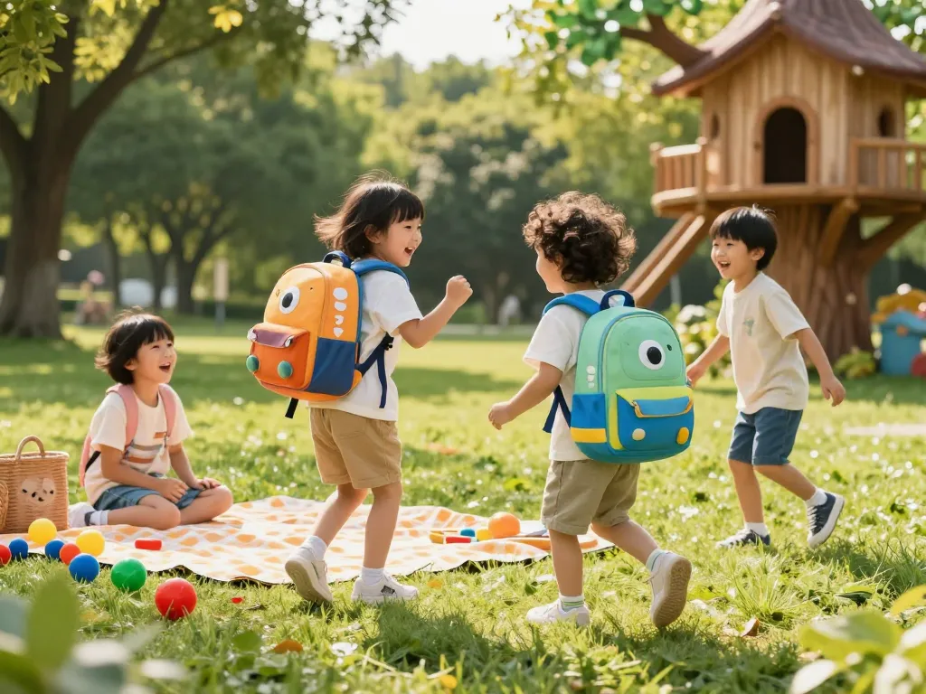 Children enjoying a sunny day with the colorful RAKUN77 backpack in the park.