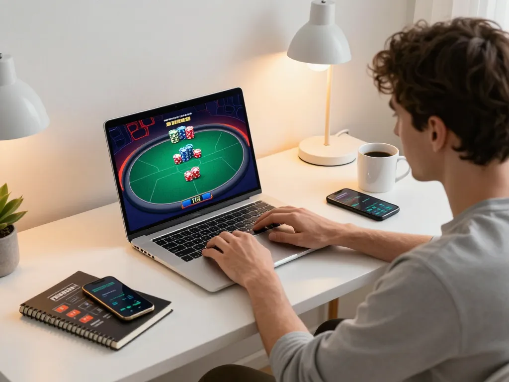 Experience the thrill of online poker gameplay with qqslotjepe, showcasing focused players and strategic moves.