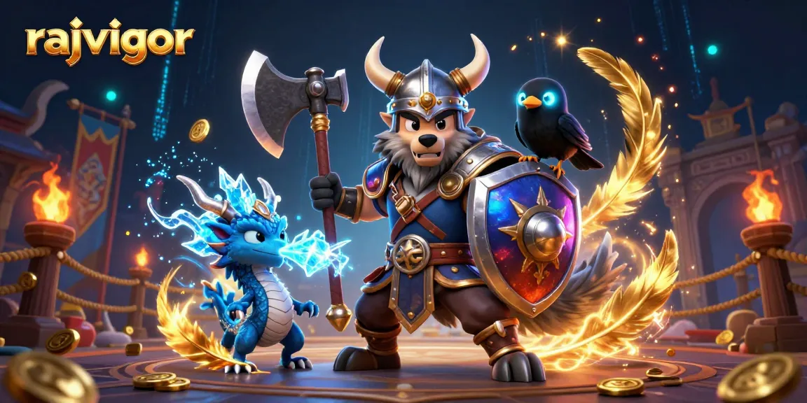 Engage with rajavigor's ultimate gaming experience featuring a Viking warrior and fierce dragon.