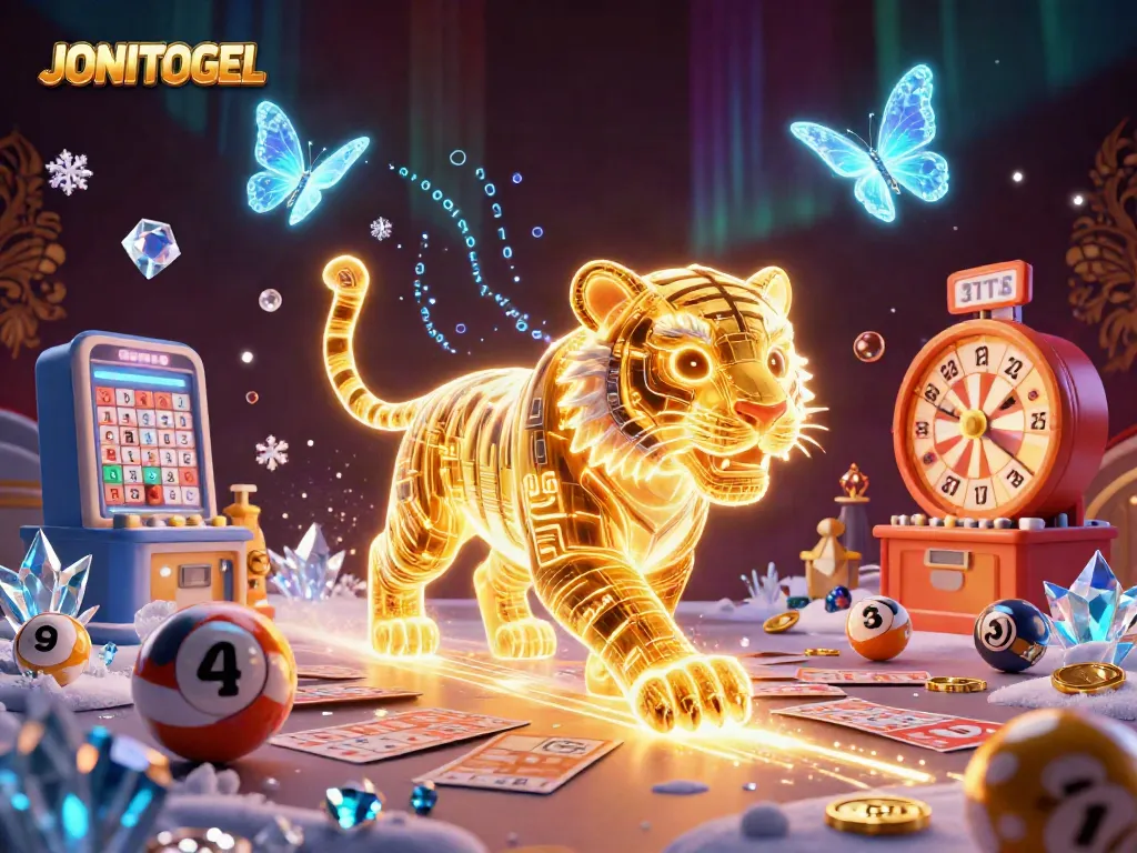 Engage in the dynamic lottery scene with JONITOGEL featuring vibrant symbols and rich details.