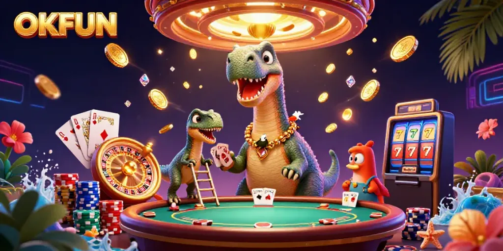 Engage in thrilling gambling action at OKFUN with a colossal brontosaurus in a vibrant casino atmosphere.