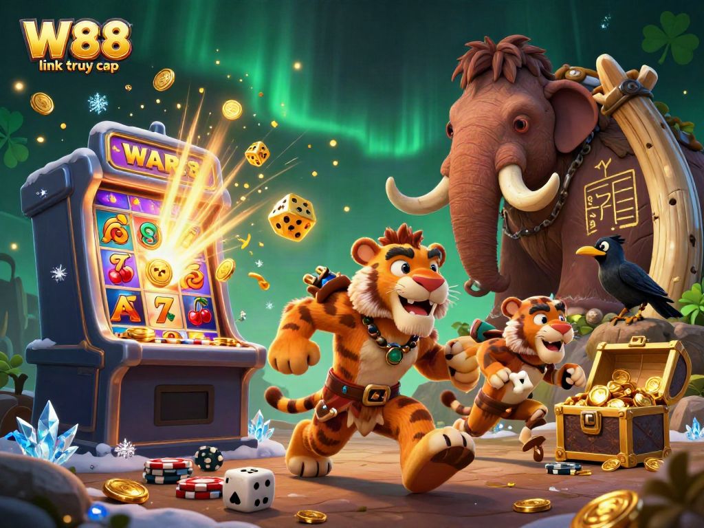 Experience the thrill of W88 link truy cập at a lively prehistoric casino with cartoon characters, slot machines, and vibrant treasures.
