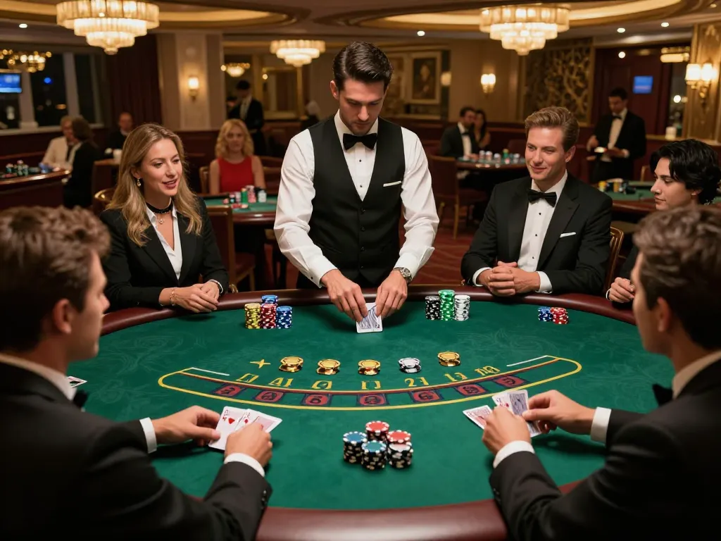 Pakde4D players strategizing at a vibrant blackjack table in a luxurious casino setting.