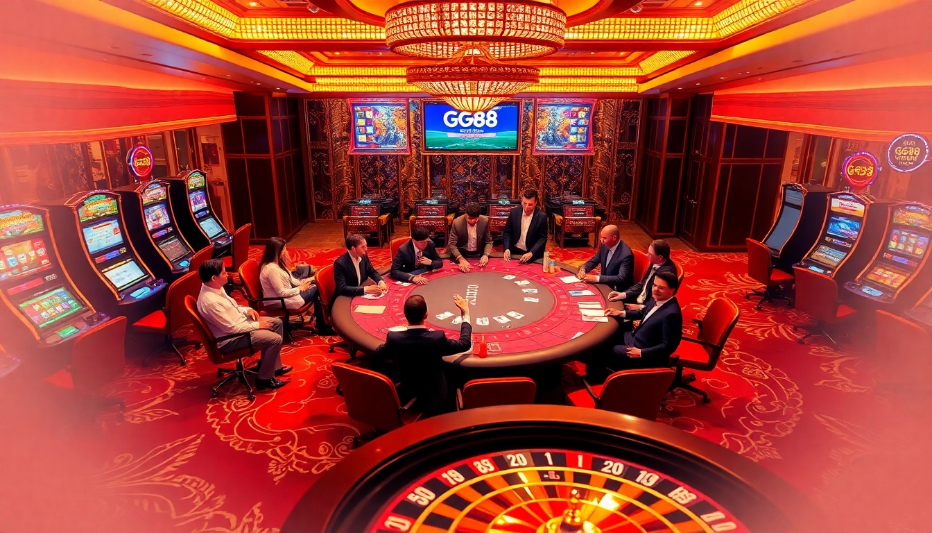 Experience the excitement of GG88 in a luxurious casino setting, featuring a vibrant poker table and dynamic players.