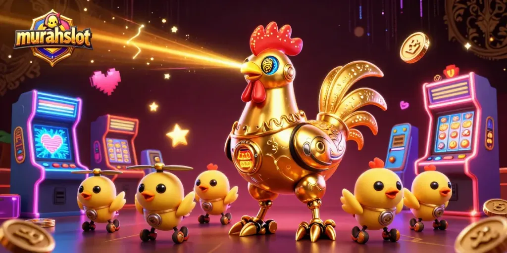 Engage with murahslot's vibrant slot machine scene featuring golden rooster robots and dynamic gaming elements.