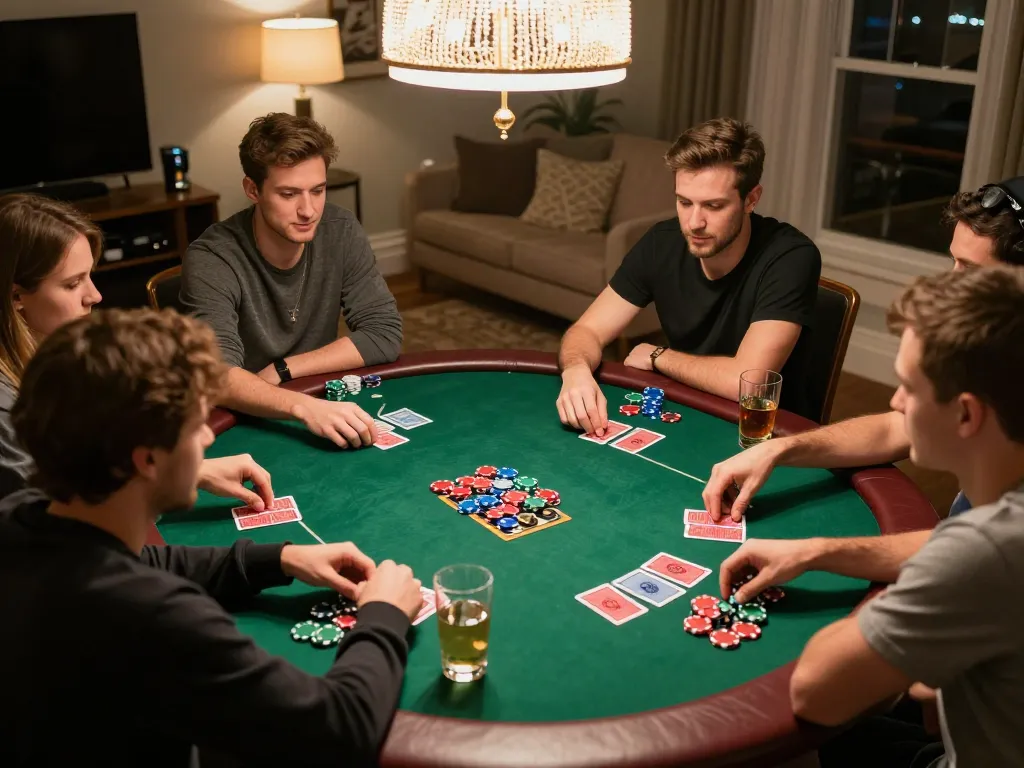 Pemain LGO99 merencanakan strategi dalam permainan poker yang ramah dengan suasana yang cerah dan pengaturan rumah yang nyaman.
