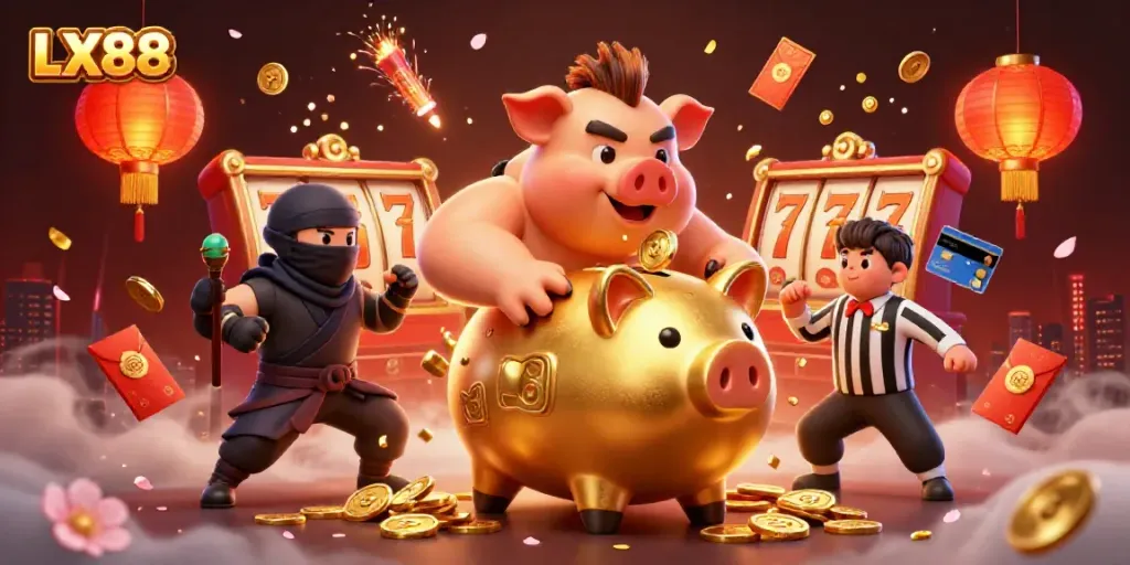 Experience vibrant gambling action with LX88 as a massive piggy bank sumo wrestler unleashes golden coins in a festive casino showdown.