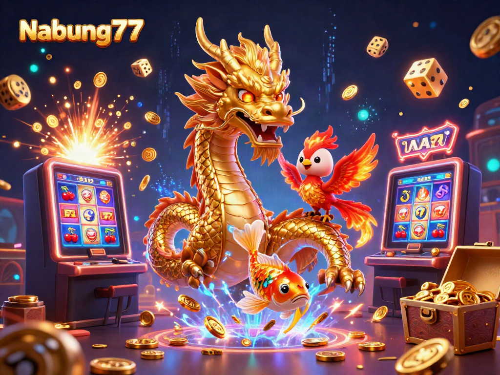 Nabung77 menghadirkan nuansa game slot online yang seru dengan jackpot dan karakter unik dalam suasana penuh warna.