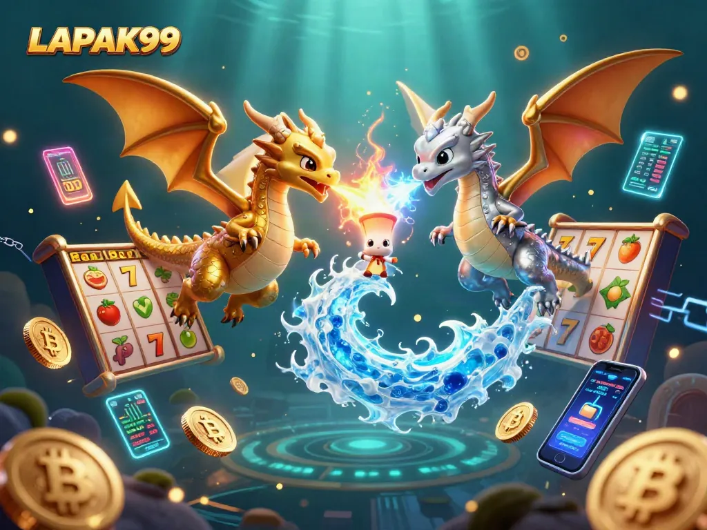 Engage with LAPAK99's vibrant gaming world featuring dragons and casino slot elements.