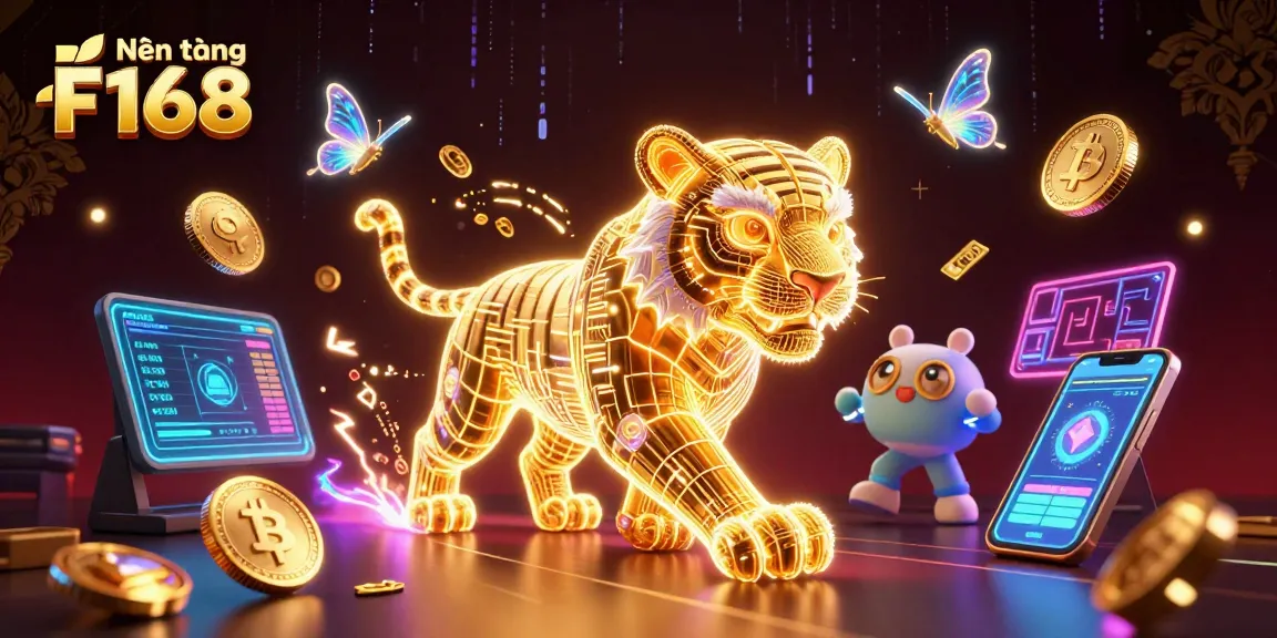 Experience the excitement of Nền tảng F168 with a vibrant digital casino scene featuring a golden tiger and crypto elements.
