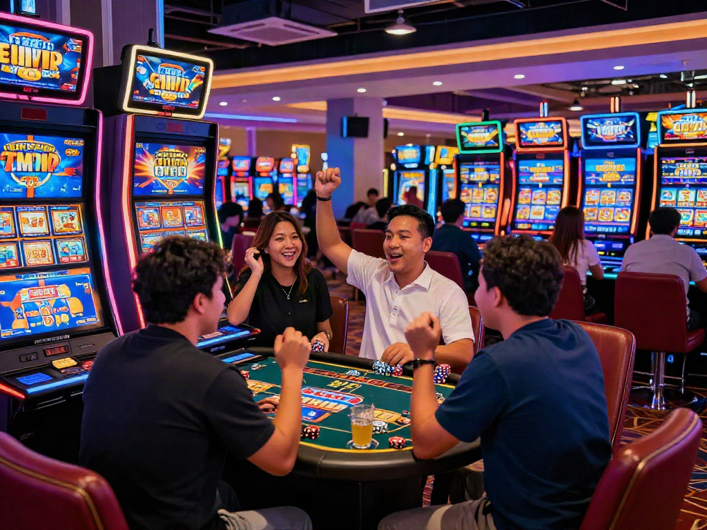 Pengalaman bermain Toto Slot Gacor di kasino modern dengan pemain merayakan kemenangan.
