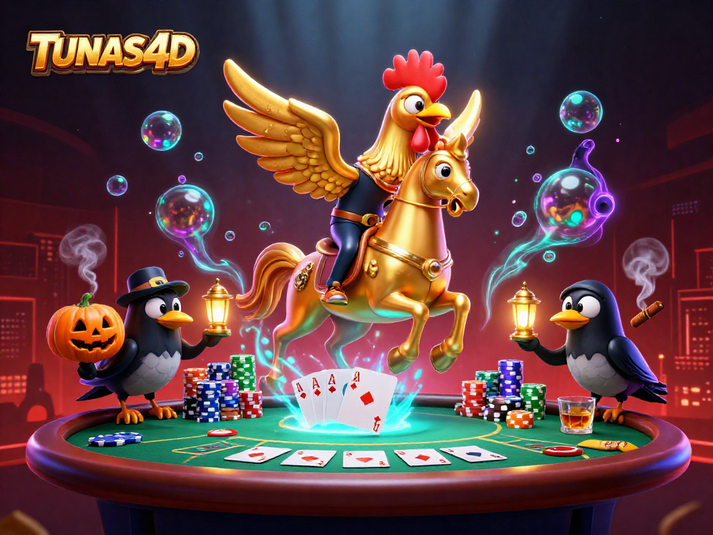 TUNAS4D showcases a dynamic casino scene with a golden rooster and poker elements.