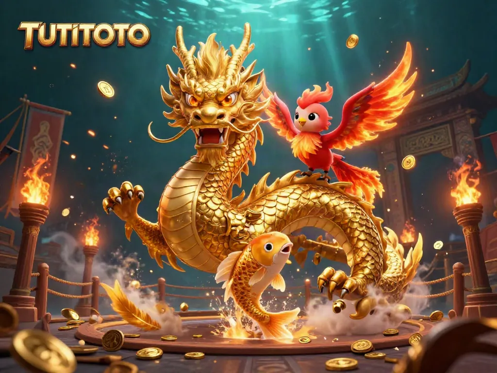Experience the richness of TUTITOTO with a fierce dragon, phoenix, and koi fish in a vibrant gambling scene.