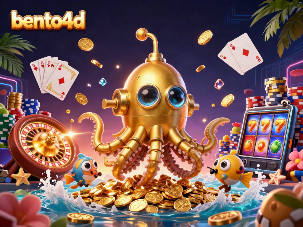 Bento4d offers a dynamic gambling experience with a golden kraken submarine among winnings and slot game elements.