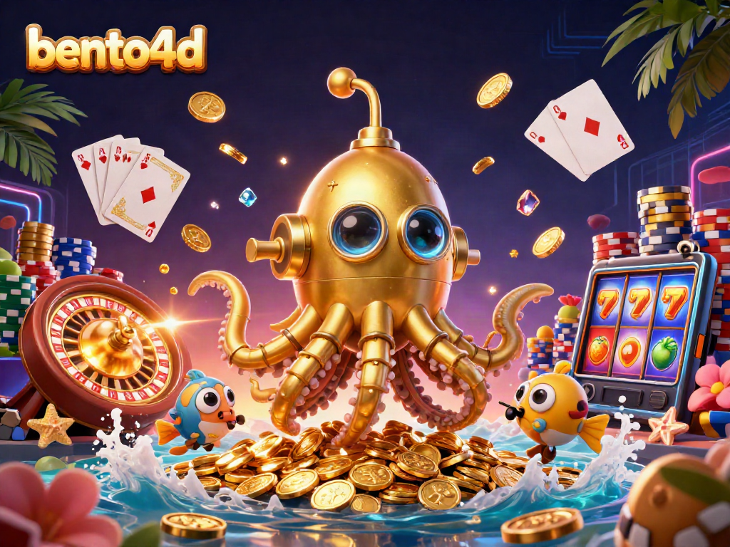 Bento4d offers a dynamic gambling experience with a golden kraken submarine among winnings and slot game elements.