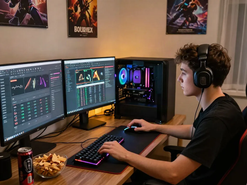 Penggemar NATUNATOTO terfokus pada permainan online dengan setup gaming yang modern dan mengesankan.