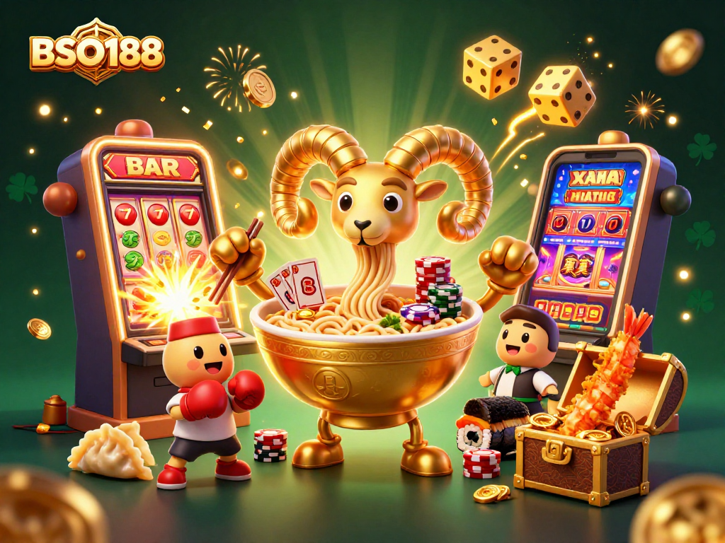 Engage with the BSO188 experience showcasing dynamic casino action with a golden ramen bowl and vibrant slot machine.
