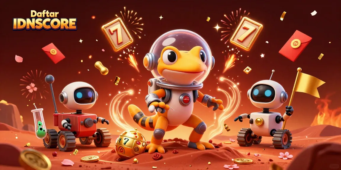 Experience excitement with Daftar IDNSCORE showcasing a cartoon Martian gecko at a golden casino.