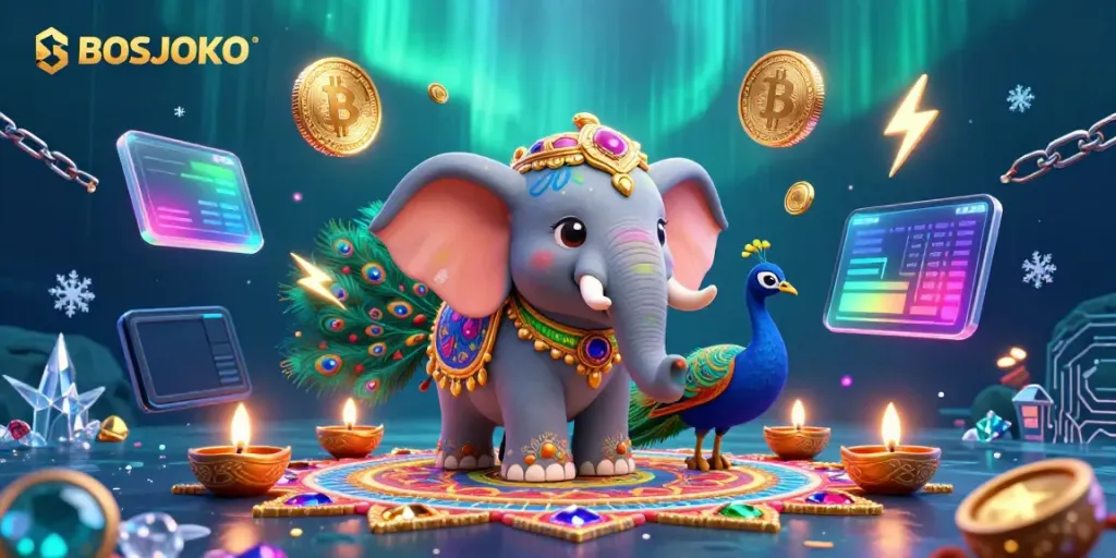 Experience vibrant casino excitement with BOSJOKO's colorful elephant and crypto-themed scene.