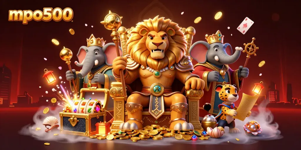 Grafik menarik mpo500 yang menampilkan raja singa dan teman-temannya dalam suasana kasino dengan simbol slot dan koin emas.