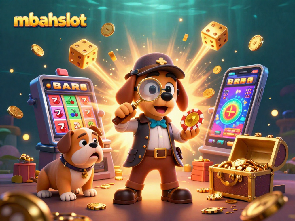 Mbahslot mengamati chip poker emas dengan karakter anjing detektif dan bulldog, dikelilingi slot yang meledak dengan koin.