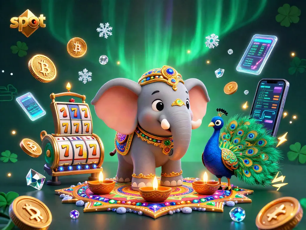 Spin the slot reels with illuminating gems and vibrant symbols amidst a lively casino scene.