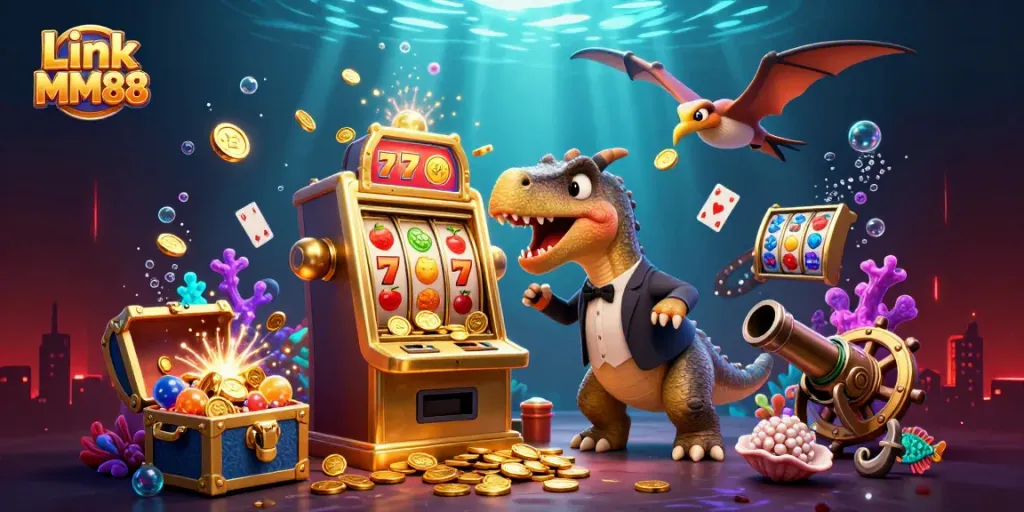 Link MM88 highlights players winning jackpots with vibrant 3D casino illustration full of chaos and excitement.
