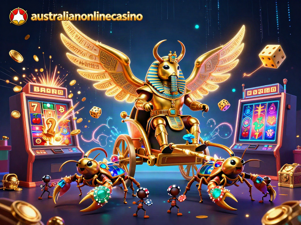 Join the excitement of australianonlinecasino with a dynamic 3D scene of gambling icons and themes.