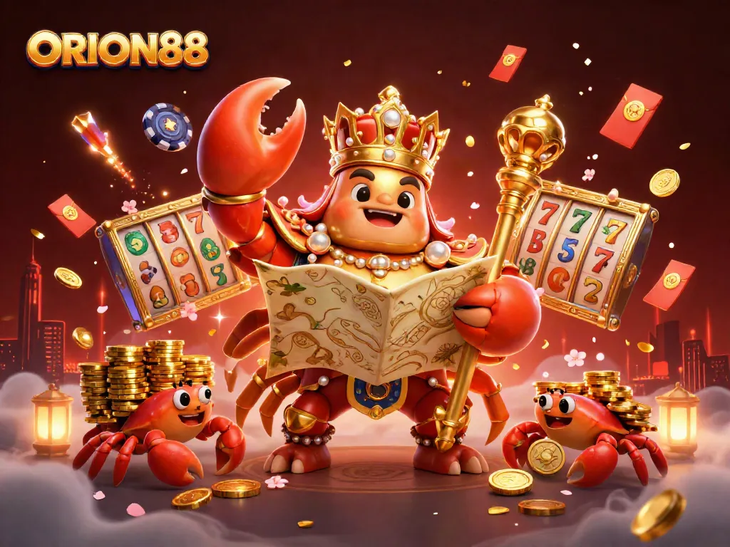 Experience thrilling gameplay at ORION88 with a vibrant scene featuring the golden crab emperor amidst dynamic slot elements.