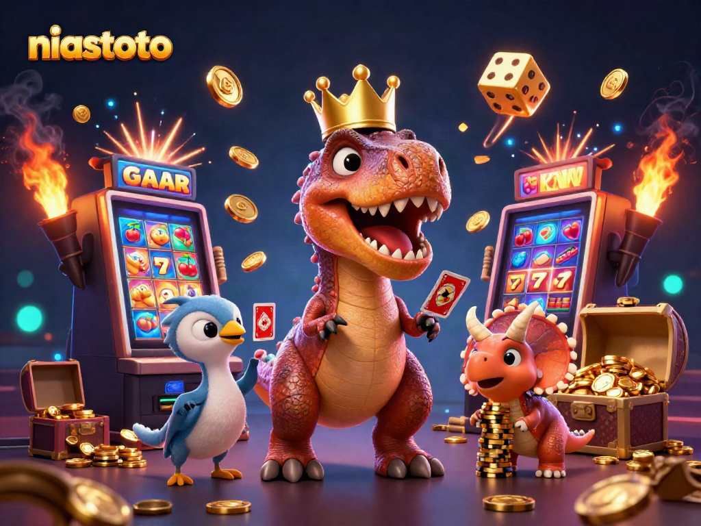 Engaging scene showcasing friends at niastoto enjoying slots and playing cards surrounded by colorful casino elements.